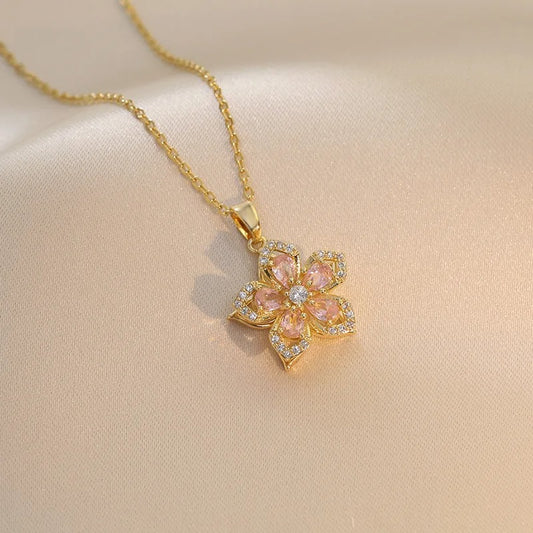 Spinning Blossom Zircon Pendant Necklace | Twistable Floral Crystal Necklace | Rotating Flower Gemstone Necklace | Revolving Petal Zircon Jewelry